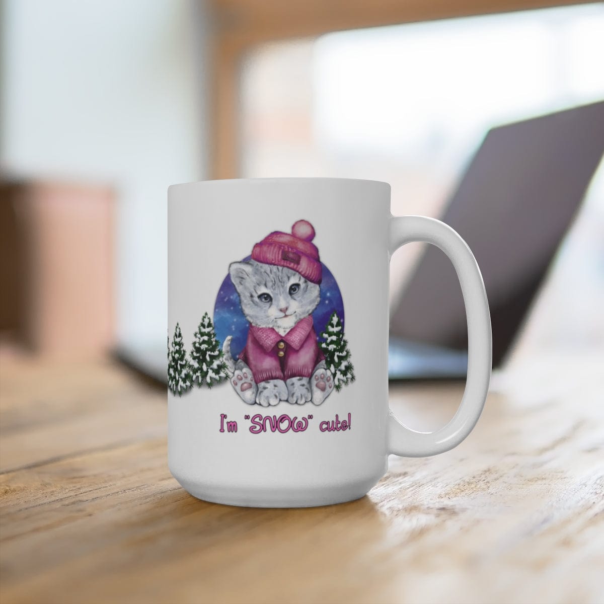 Printify Mug 15oz Coffee Mug, "I'm SNOW Cute!", Baby Snow Leopard Mug, Pink Outfit, White 15 oz Ceramic, Gift for Her, Cute Mug 13199455690845617856